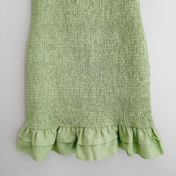ENGLISH FACTORY / Smocked Ruffle Hem Puff Sleeve Mini Dress Green Sz M - Picture 5 of 14